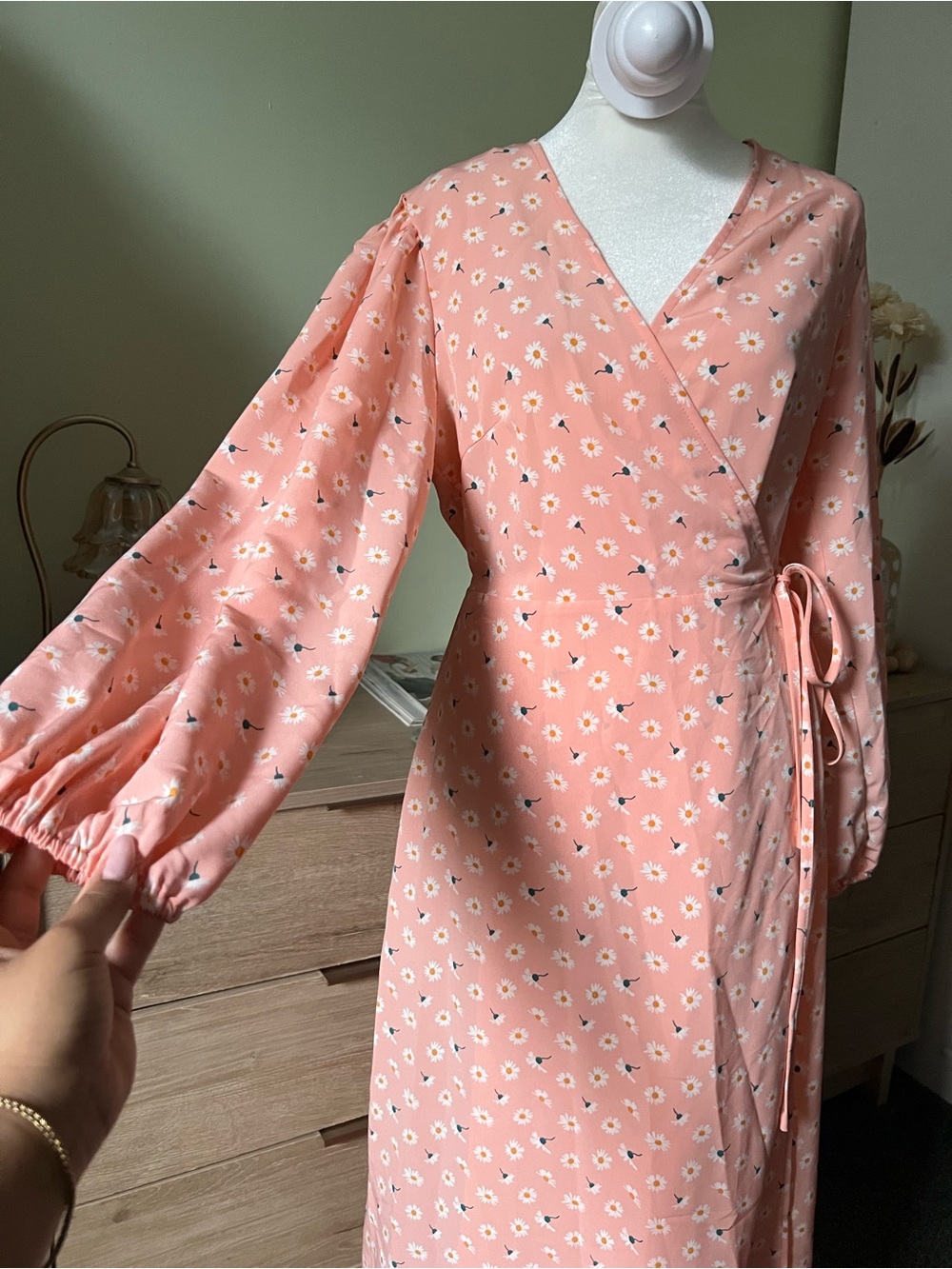 ASOS Pastel Orange Floral Long-Sleeve V-Neck Modest Midi Wrap A-Line Dress Sz 6